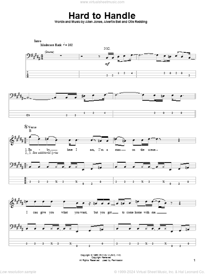 Hard To Handle sheet music for bass (tablature) (bass guitar) by The Black Crowes, Allen Jones, Alvertis Bell and Otis Redding, intermediate skill level