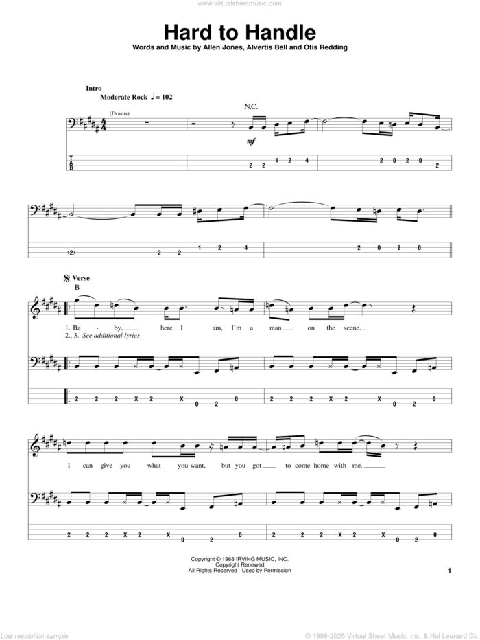 Hard To Handle sheet music for bass (tablature) (bass guitar) by The Black Crowes, Allen Jones, Alvertis Bell and Otis Redding, intermediate skill level