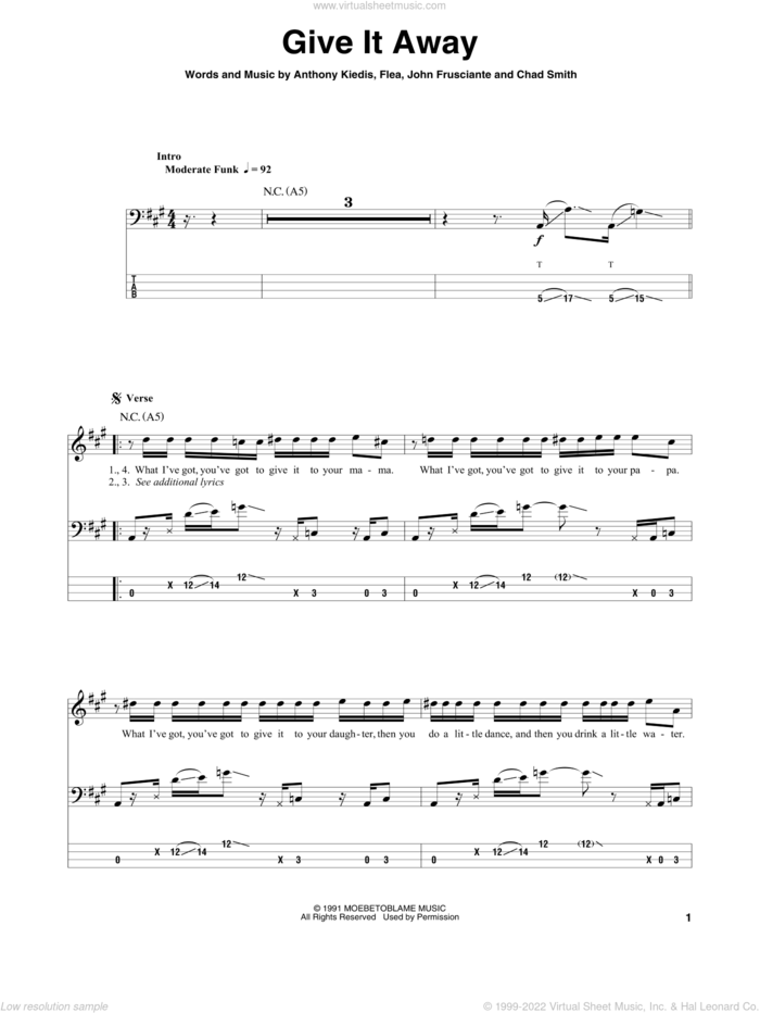Give It Away sheet music for bass (tablature) (bass guitar) by Red Hot Chili Peppers, Anthony Kiedis, Chad Smith, Flea and John Frusciante, intermediate skill level