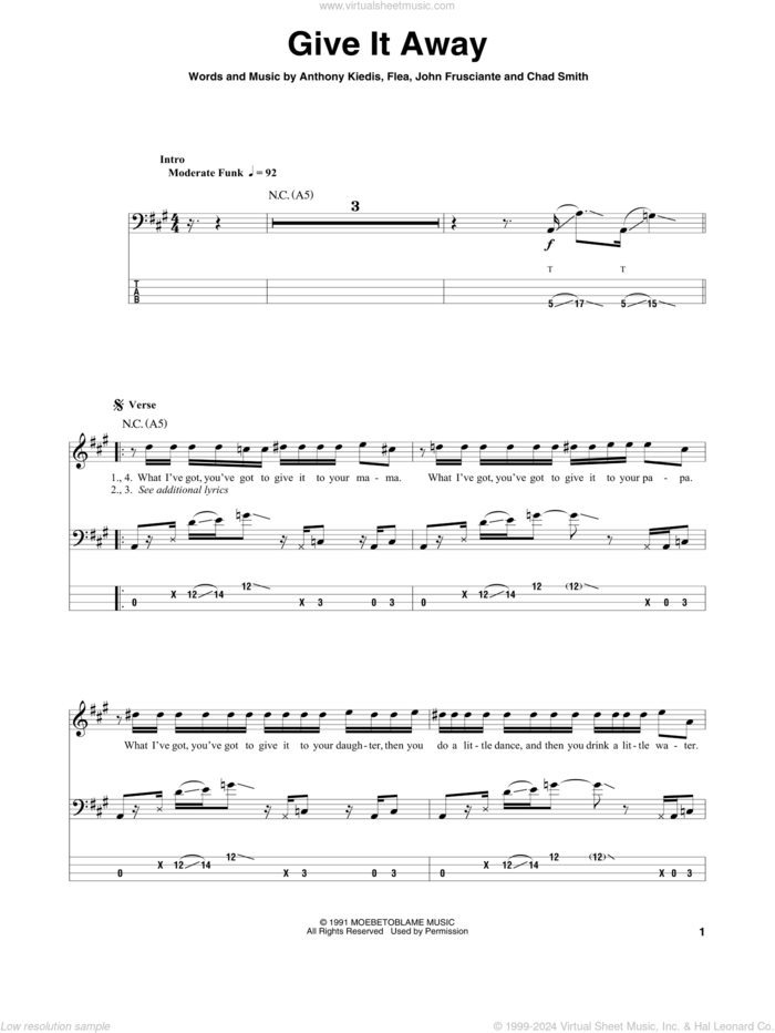 Give It Away sheet music for bass (tablature) (bass guitar) by Red Hot Chili Peppers, Anthony Kiedis, Chad Smith, Flea and John Frusciante, intermediate skill level