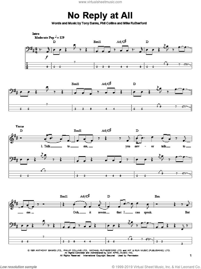 No Reply At All sheet music for bass (tablature) (bass guitar) by Genesis, Mike Rutherford, Phil Collins and Tony Banks, intermediate skill level