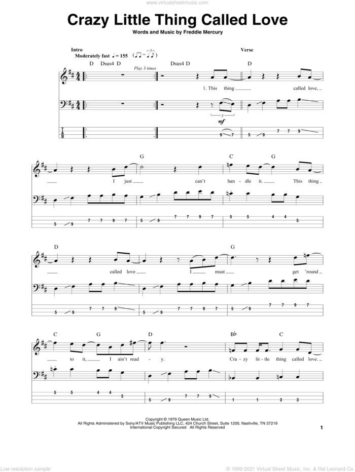 Crazy Little Thing Called Love sheet music for bass (tablature) (bass guitar) by Queen and Freddie Mercury, intermediate skill level