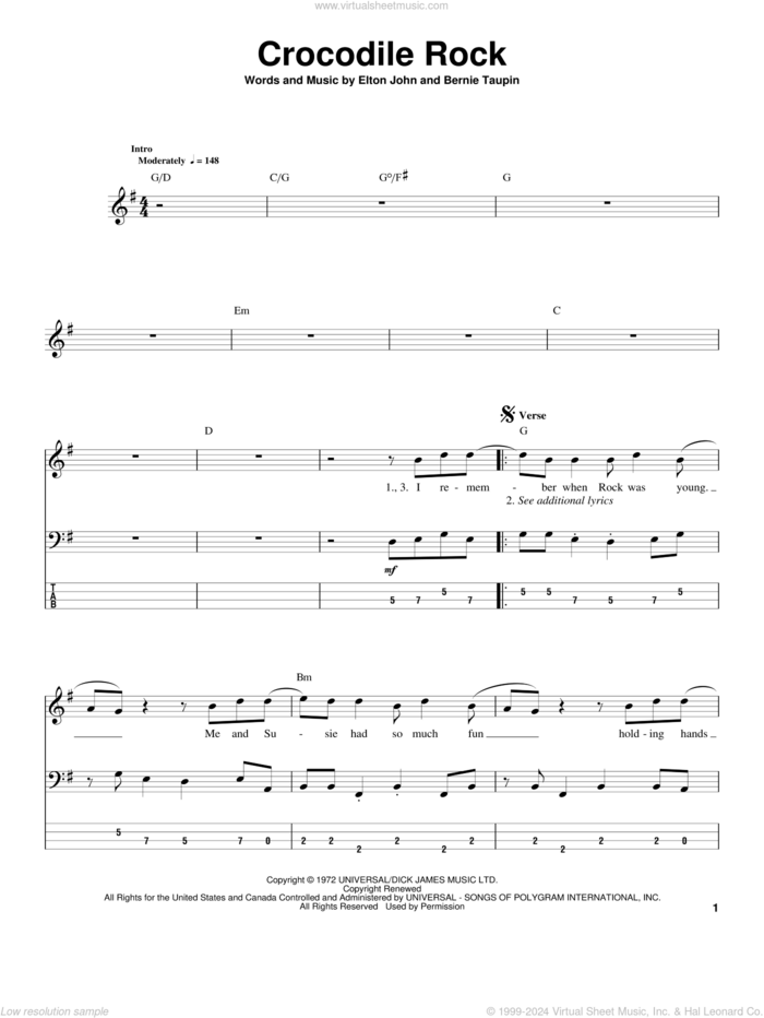 Crocodile Rock sheet music for bass (tablature) (bass guitar) by Elton John and Bernie Taupin, intermediate skill level