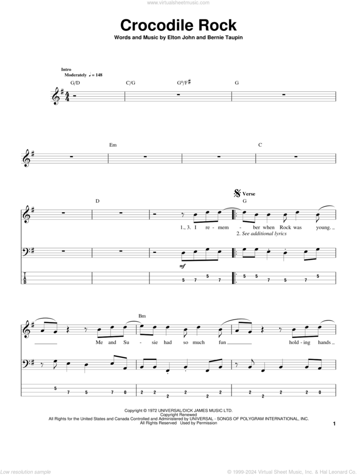 Crocodile Rock sheet music for bass (tablature) (bass guitar) by Elton John and Bernie Taupin, intermediate skill level