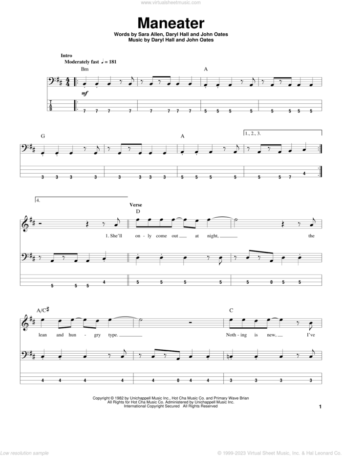 Maneater sheet music for bass (tablature) (bass guitar) by Daryl Hall, Hall and Oates, John Oates and Sara Allen, intermediate skill level