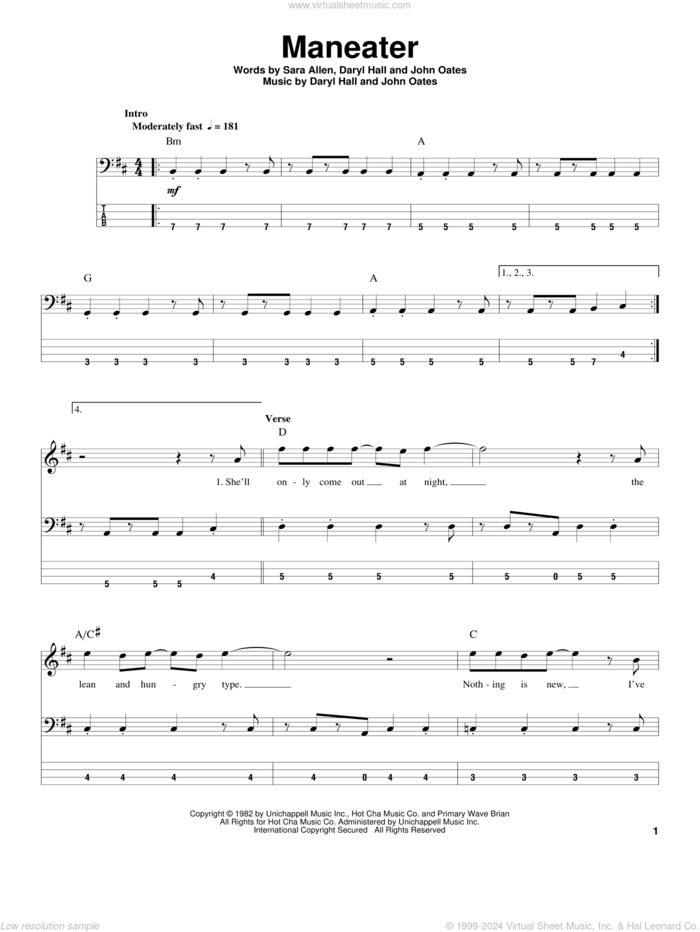 Maneater sheet music for bass (tablature) (bass guitar) by Hall and Oates, Daryl Hall, John Oates and Sara Allen, intermediate skill level