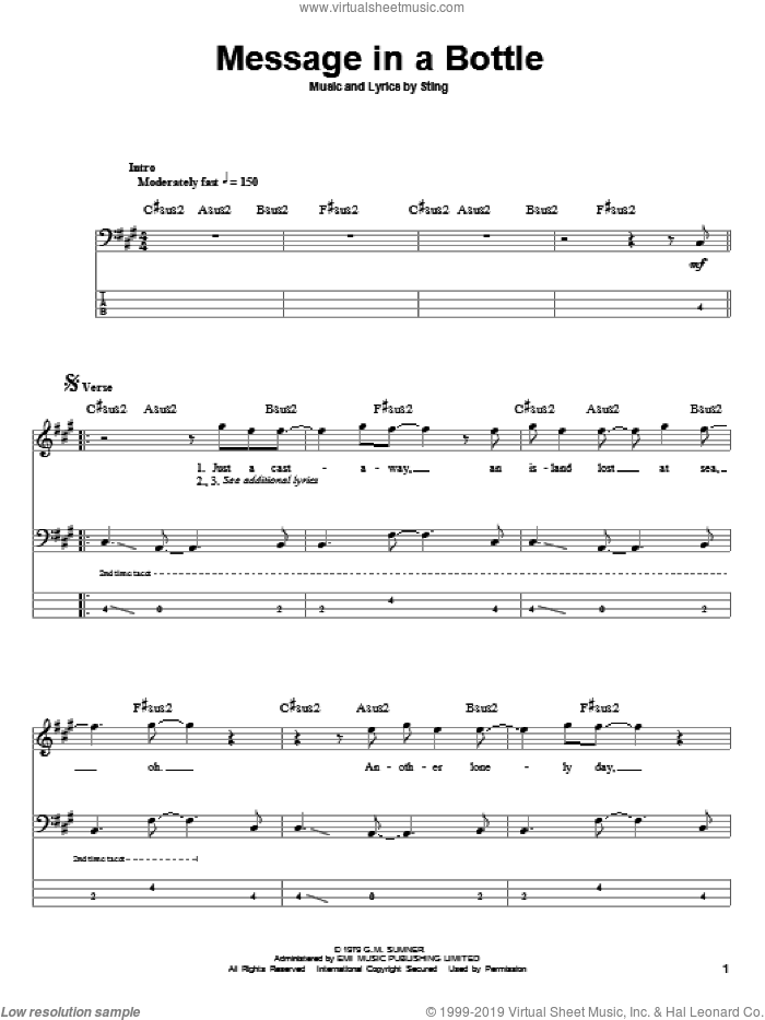 Message In A Bottle sheet music for bass (tablature) (bass guitar) by The Police and Sting, intermediate skill level