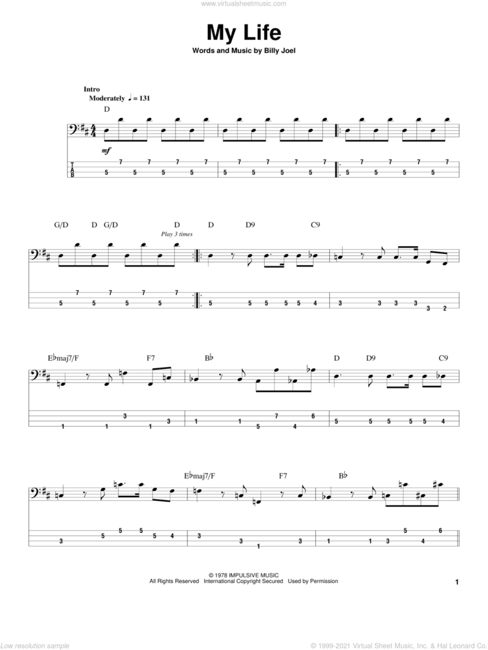 My Life sheet music for bass (tablature) (bass guitar) by Billy Joel, intermediate skill level