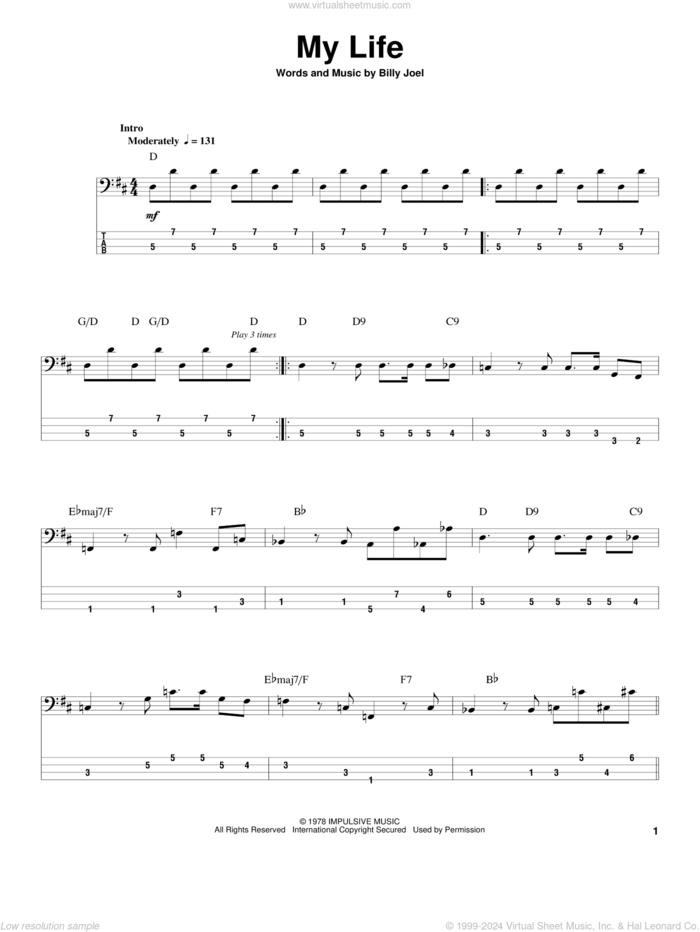 My Life sheet music for bass (tablature) (bass guitar) by Billy Joel, intermediate skill level