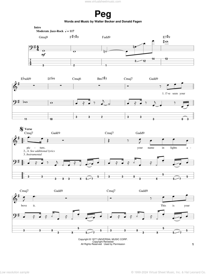 Peg sheet music for bass (tablature) (bass guitar) by Steely Dan, Donald Fagen and Walter Becker, intermediate skill level