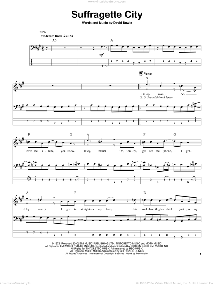 Suffragette City sheet music for bass (tablature) (bass guitar) by David Bowie, intermediate skill level