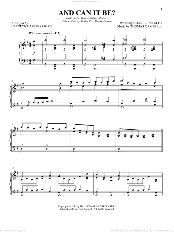 And Can It Be That I Should Gain sheet music for piano solo by Charles Wesley and Thomas Campbell, intermediate skill level