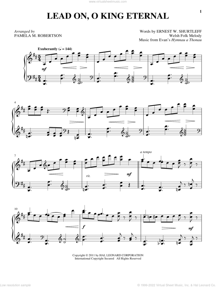Lead On, O King Eternal sheet music for piano solo by Ernest W. Shurtleff and Welsh Folk Melody, intermediate skill level