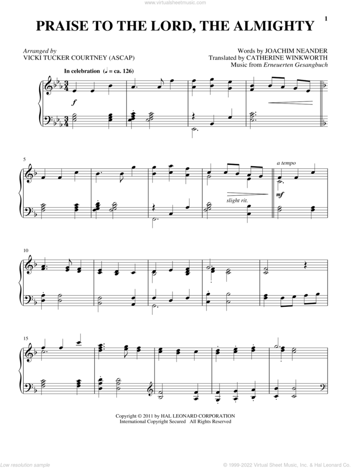 Praise To The Lord, The Almighty sheet music for piano solo by Catherine Winkworth, Erneuerten Gesangbuch and Joachim Neander, intermediate skill level