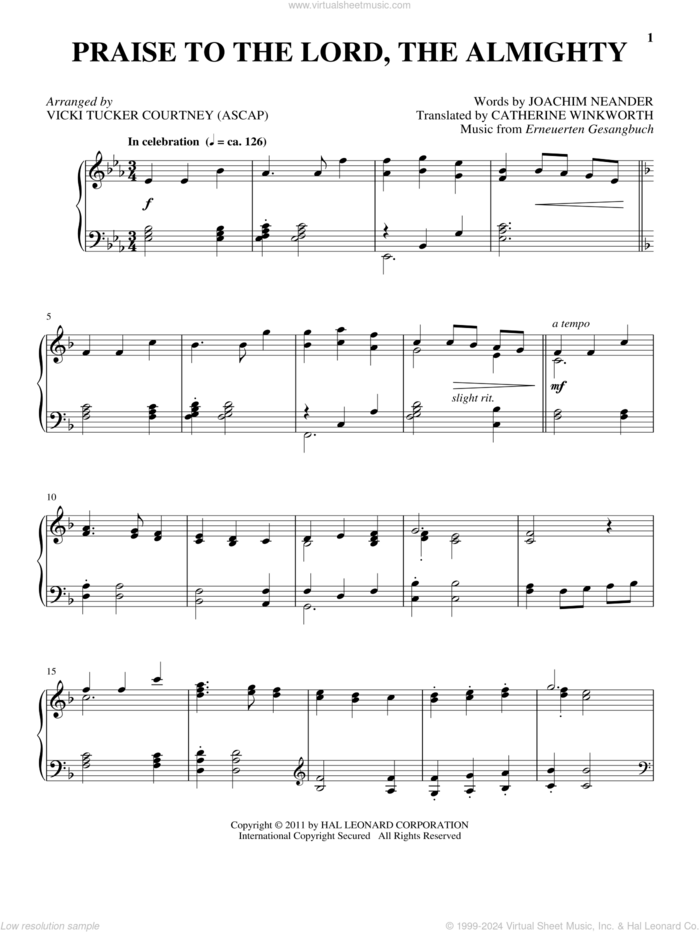 Praise To The Lord, The Almighty sheet music for piano solo by Catherine Winkworth, Erneuerten Gesangbuch and Joachim Neander, intermediate skill level