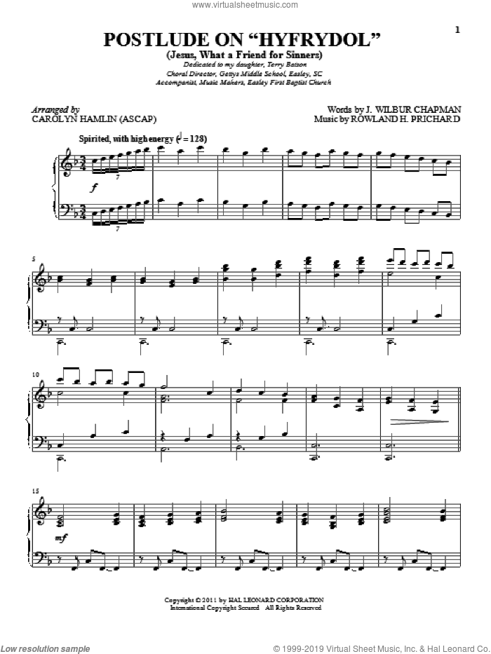 Jesus! What A Friend To Sinners sheet music for piano solo by J. Wilbur Chapman and Rowland Prichard, intermediate skill level