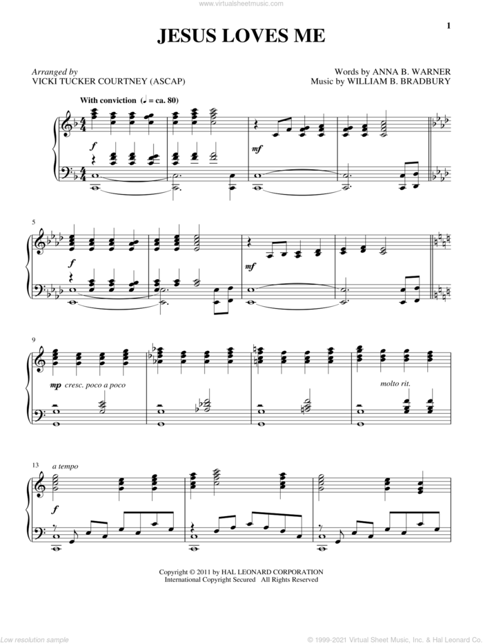 Jesus Loves Me sheet music for piano solo by William B. Bradbury and Anna B. Warner, intermediate skill level