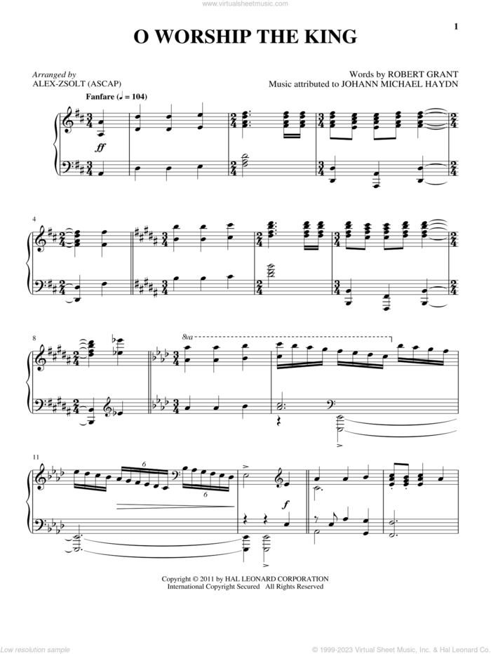 O Worship The King sheet music for piano solo by William Gardiner, Johann Michael Haydn and Robert Grant, intermediate skill level