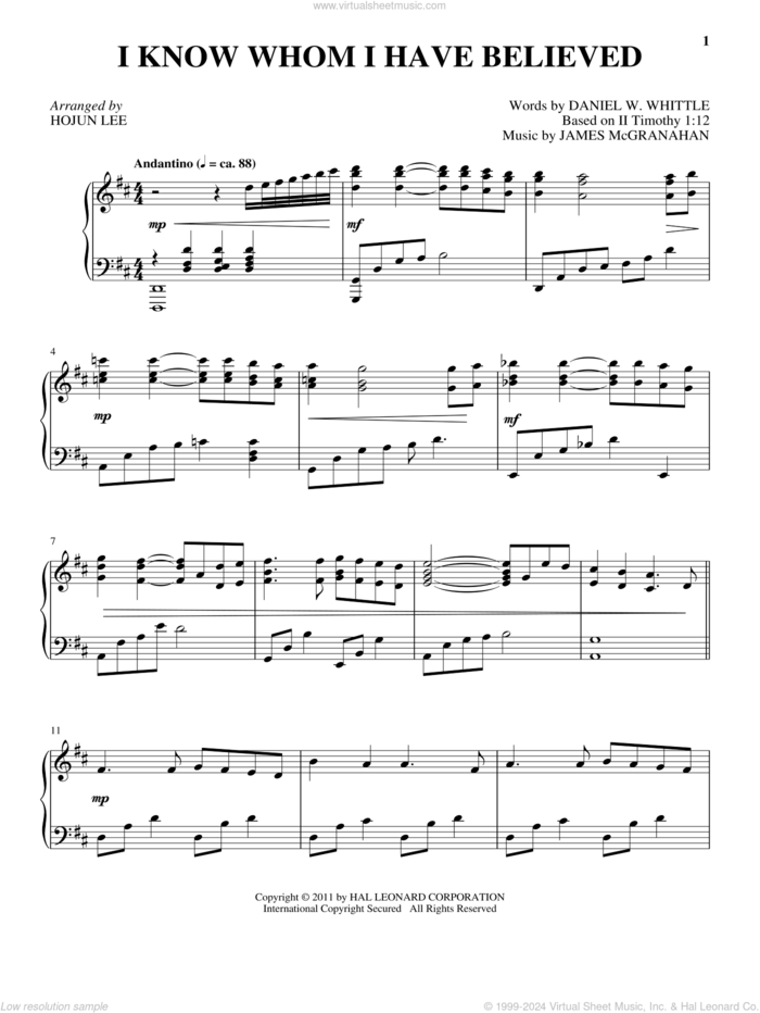 I Know Whom I Have Believed sheet music for piano solo by James McGranahan, Daniel W. Whittle and II Timothy 1:12, intermediate skill level