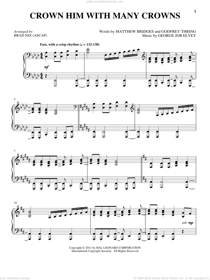 Crown Him With Many Crowns sheet music for piano solo by Matthew Bridges, George Job Elvey and Godfrey Thring, intermediate skill level