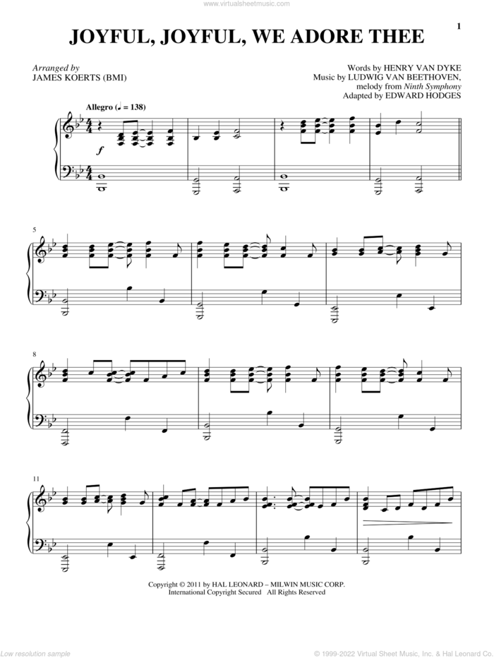 Joyful, Joyful, We Adore Thee sheet music for piano solo by Edward Hodges, Henry van Dyke and Ludwig van Beethoven, intermediate skill level