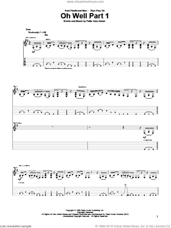 Oh Well Part 1 sheet music for guitar (tablature) by Fleetwood Mac and Peter Green, intermediate skill level