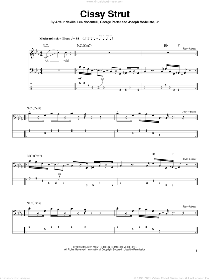 Cissy Strut sheet music for bass (tablature) (bass guitar) by The Meters, Arthur Neville, George Porter, Joseph Modeliste, Jr. and Leo Nocentelli, intermediate skill level