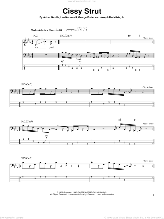 Cissy Strut sheet music for bass (tablature) (bass guitar) by The Meters, Arthur Neville, George Porter, Joseph Modeliste, Jr. and Leo Nocentelli, intermediate skill level