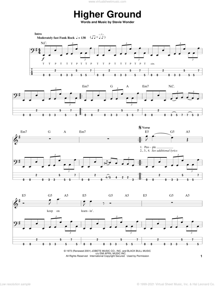 Higher Ground sheet music for bass (tablature) (bass guitar) by Stevie Wonder and Red Hot Chili Peppers, intermediate skill level