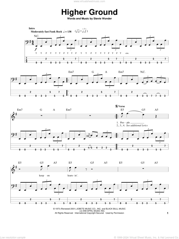 Higher Ground sheet music for bass (tablature) (bass guitar) by Stevie Wonder and Red Hot Chili Peppers, intermediate skill level