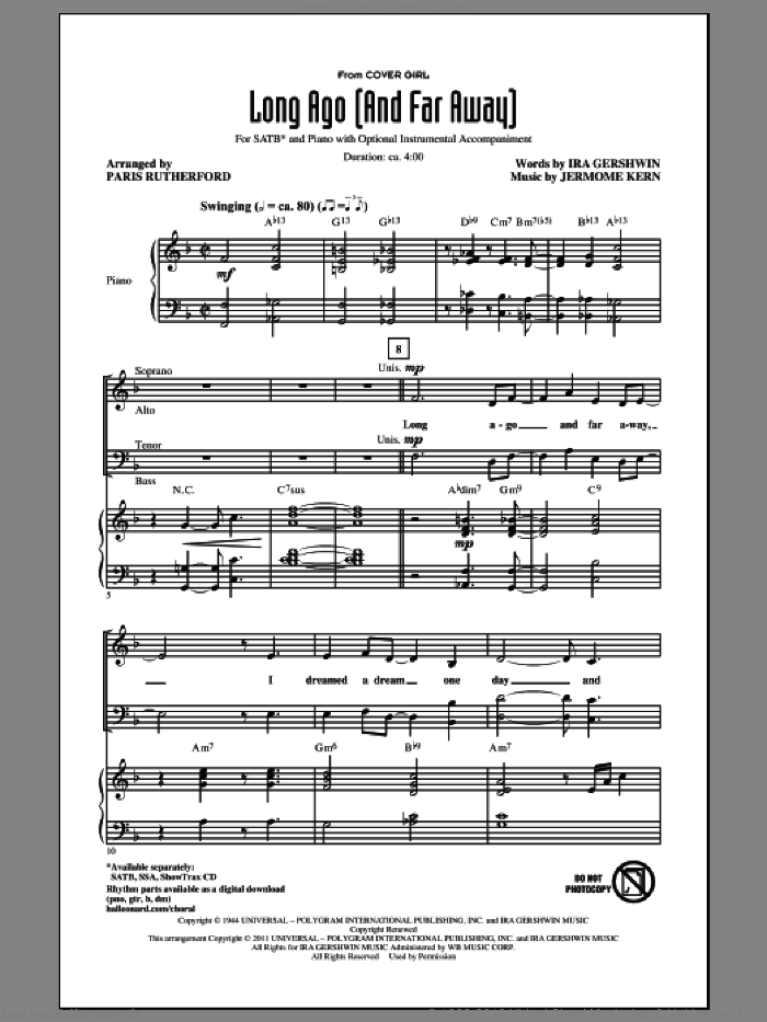 Long Ago (And Far Away) sheet music for choir (SATB: soprano, alto, tenor, bass) by Jerome Kern, Ira Gershwin and Paris Rutherford, intermediate skill level