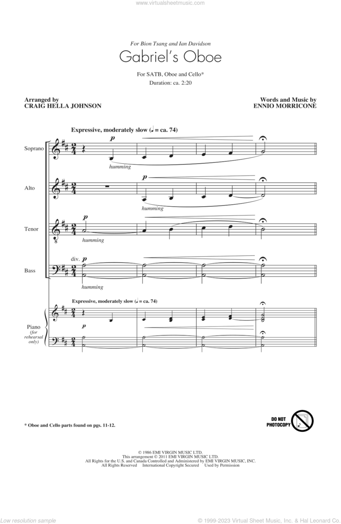 Gabriel's Oboe (from The Mission) (arr. Craig Hella Johnson) sheet music for choir (SATB: soprano, alto, tenor, bass) by Ennio Morricone and Craig Hella Johnson, intermediate skill level