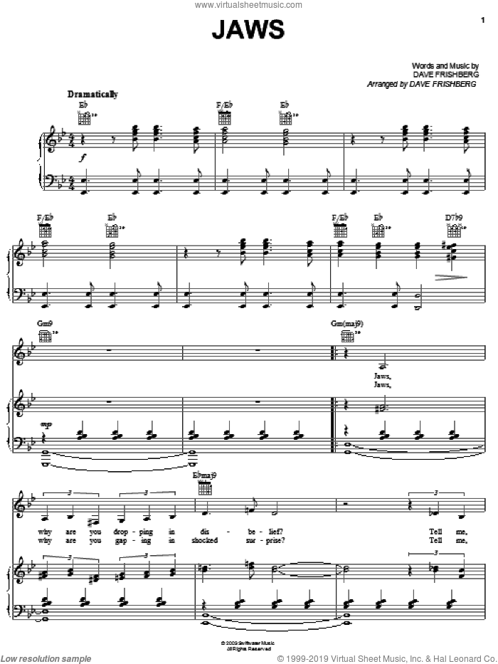 Jaws sheet music for voice, piano or guitar by Dave Frishberg, intermediate skill level
