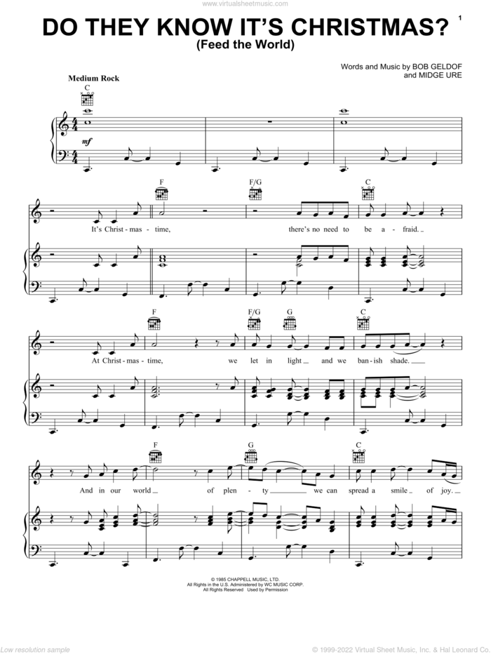 Do They Know It's Christmas? sheet music for voice, piano or guitar by Band Aid, Bob Geldof, B. Geldof and Midge Ure, intermediate skill level