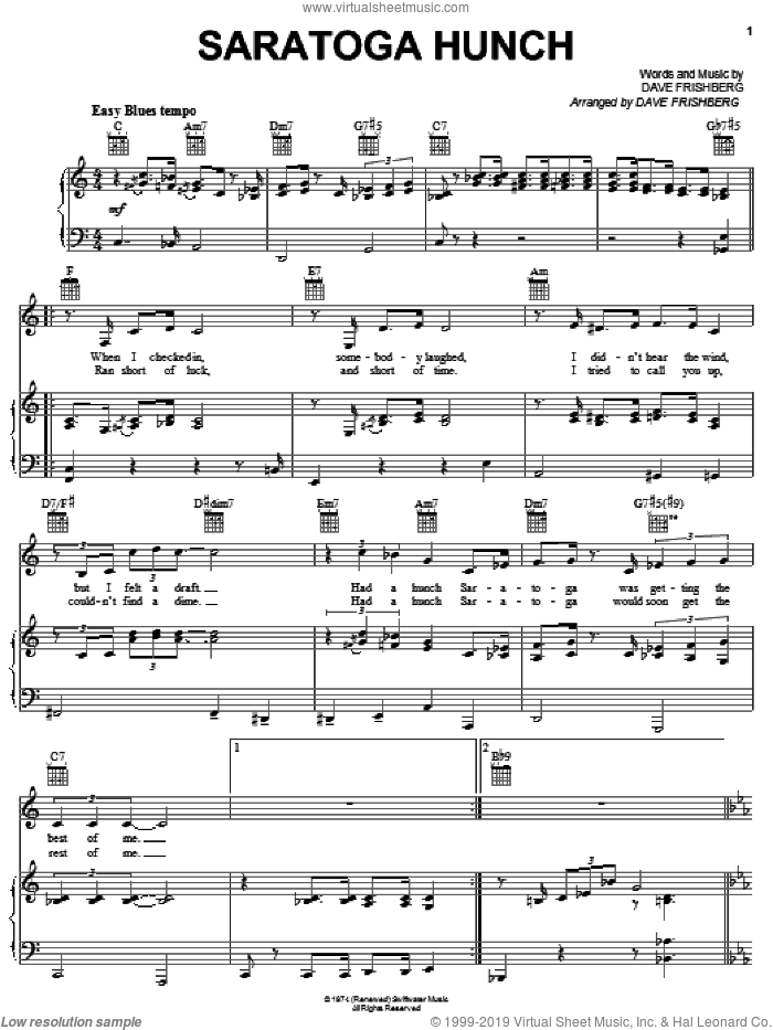 Saratoga Hunch sheet music for voice, piano or guitar by Dave Frishberg, intermediate skill level