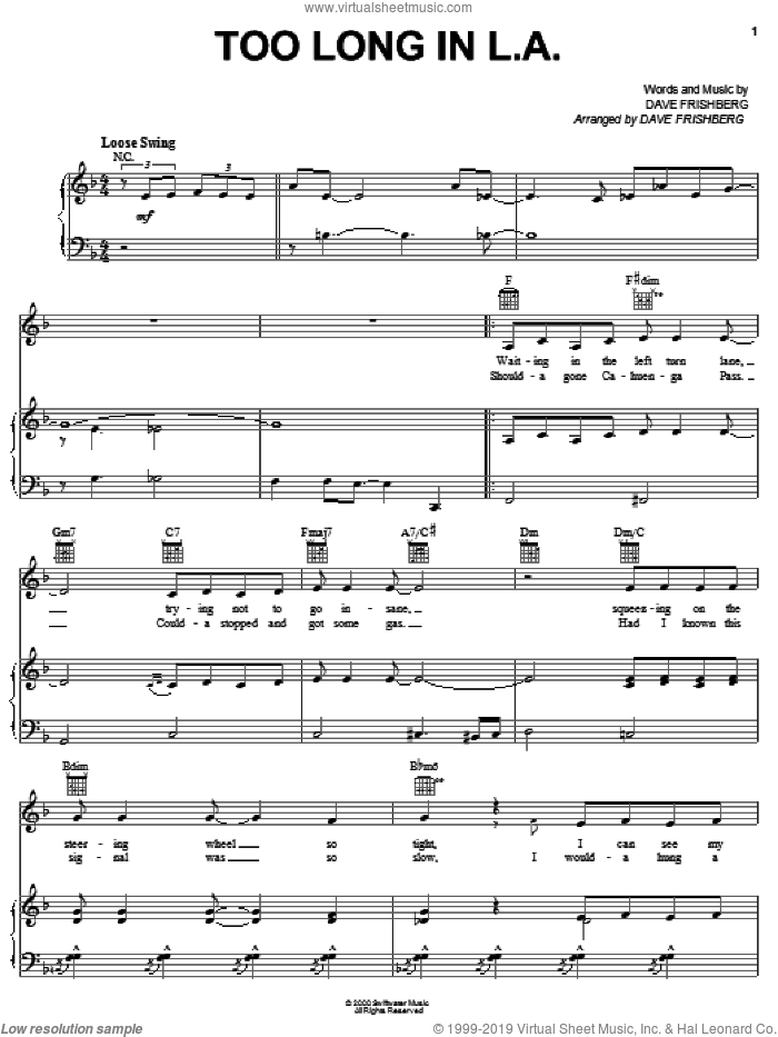 Too Long In L.A. sheet music for voice, piano or guitar by Dave Frishberg, intermediate skill level