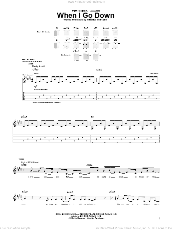 When I Go Down sheet music for guitar (tablature) by Relient K and Matthew Thiessen, intermediate skill level
