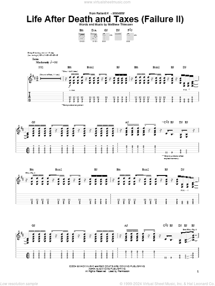 Life After Death And Taxes (Failure II) sheet music for guitar (tablature) by Relient K and Matthew Thiessen, intermediate skill level