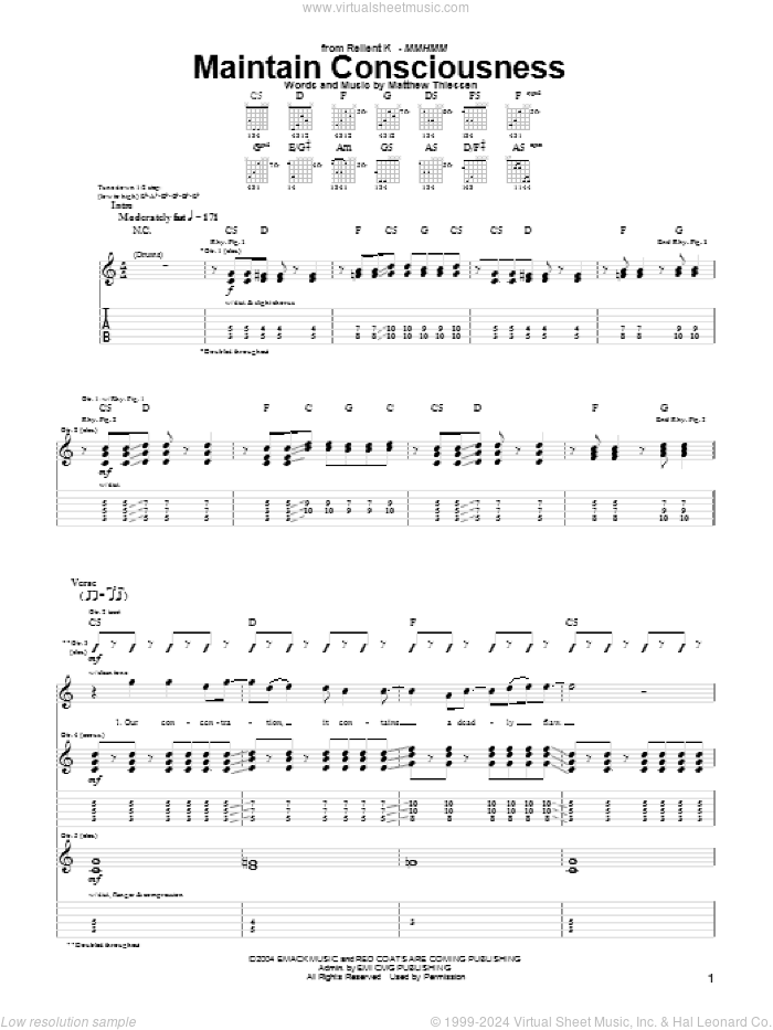 Maintain Consciousness sheet music for guitar (tablature) by Relient K and Matthew Thiessen, intermediate skill level