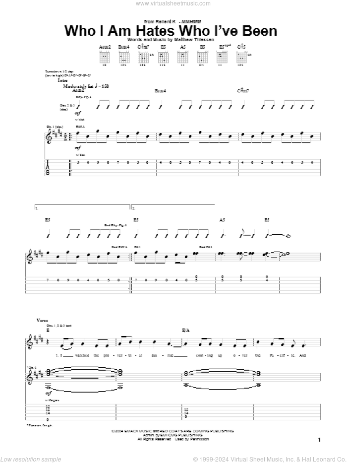 Who I Am Hates Who I've Been sheet music for guitar (tablature) by Relient K and Matthew Thiessen, intermediate skill level