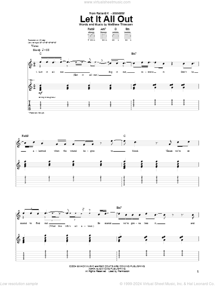 Let It All Out sheet music for guitar (tablature) by Relient K and Matthew Thiessen, intermediate skill level