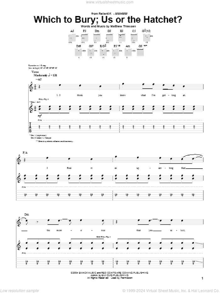 Which To Bury; Us Or The Hatchet? sheet music for guitar (tablature) by Relient K and Matthew Thiessen, intermediate skill level