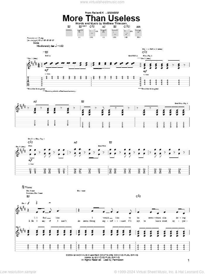 More Than Useless sheet music for guitar (tablature) by Relient K and Matthew Thiessen, intermediate skill level