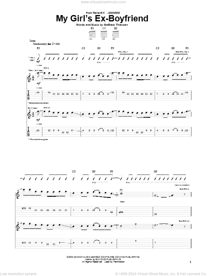 My Girl's Ex-Boyfriend sheet music for guitar (tablature) by Relient K and Matthew Thiessen, intermediate skill level