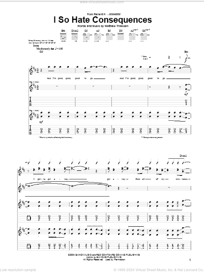 I So Hate Consequences sheet music for guitar (tablature) by Relient K and Matthew Thiessen, intermediate skill level