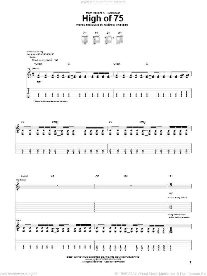 High Of 75 sheet music for guitar (tablature) by Relient K and Matthew Thiessen, intermediate skill level