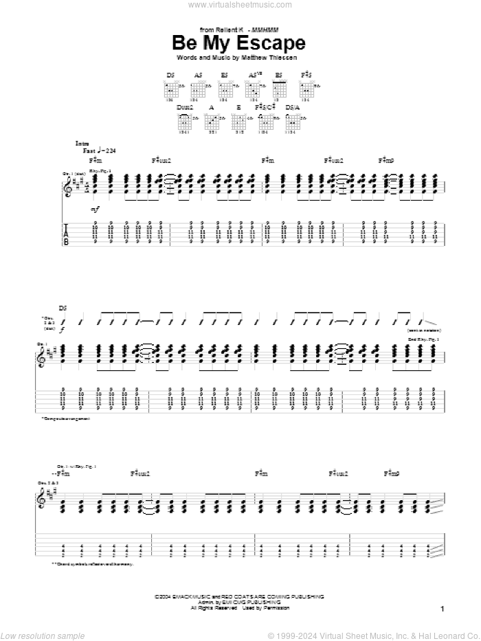 Be My Escape sheet music for guitar (tablature) by Relient K and Matthew Thiessen, intermediate skill level