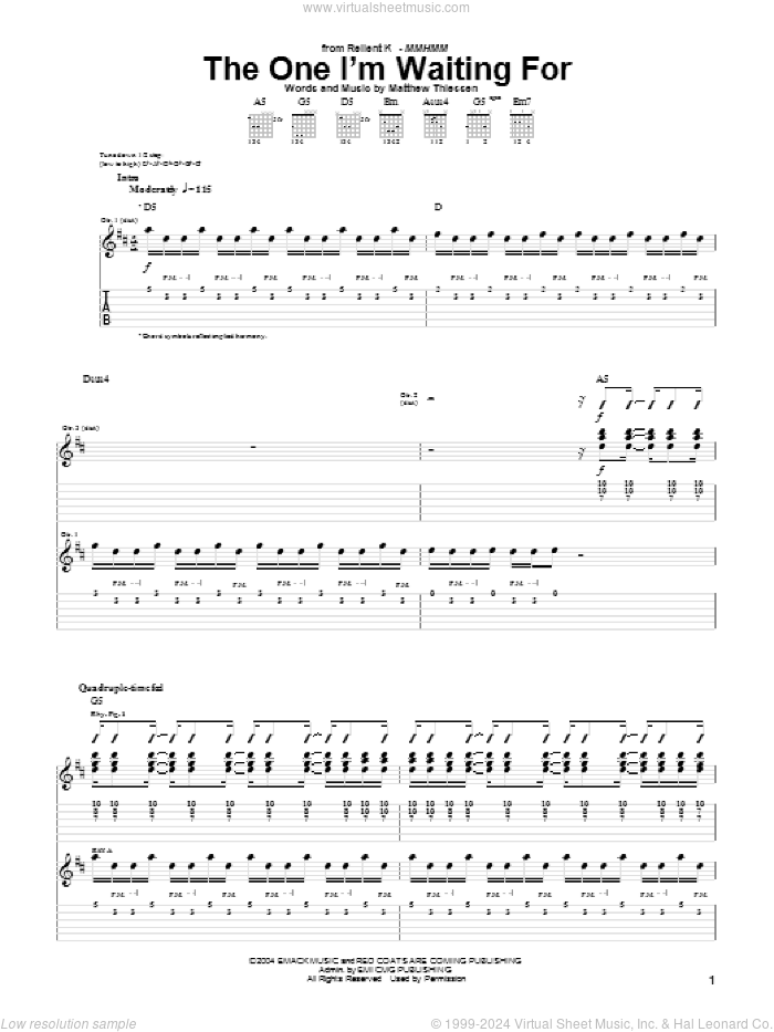 The One I'm Waiting For sheet music for guitar (tablature) by Relient K and Matthew Thiessen, intermediate skill level
