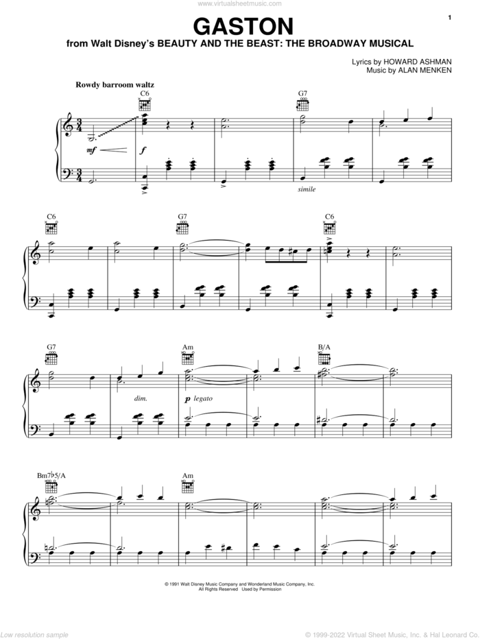 Gaston (from Beauty And The Beast: The Broadway Musical) sheet music for voice, piano or guitar by Alan Menken, Beauty And The Beast, Alan Menken & Howard Ashman and Howard Ashman, intermediate skill level