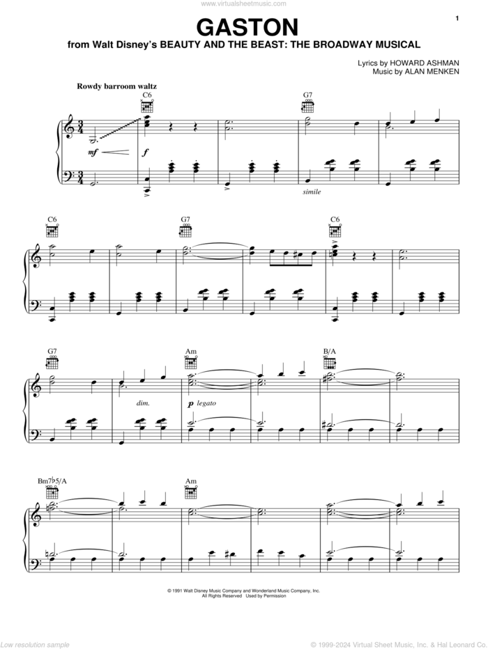 Gaston (from Beauty And The Beast: The Broadway Musical) sheet music for voice, piano or guitar by Alan Menken, Beauty And The Beast, Alan Menken & Howard Ashman and Howard Ashman, intermediate skill level